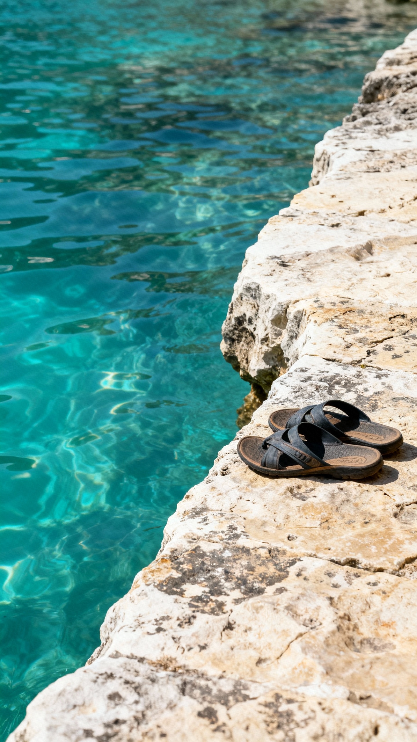 Closeup of turquoise cenote water with limestone ledge, water shoes