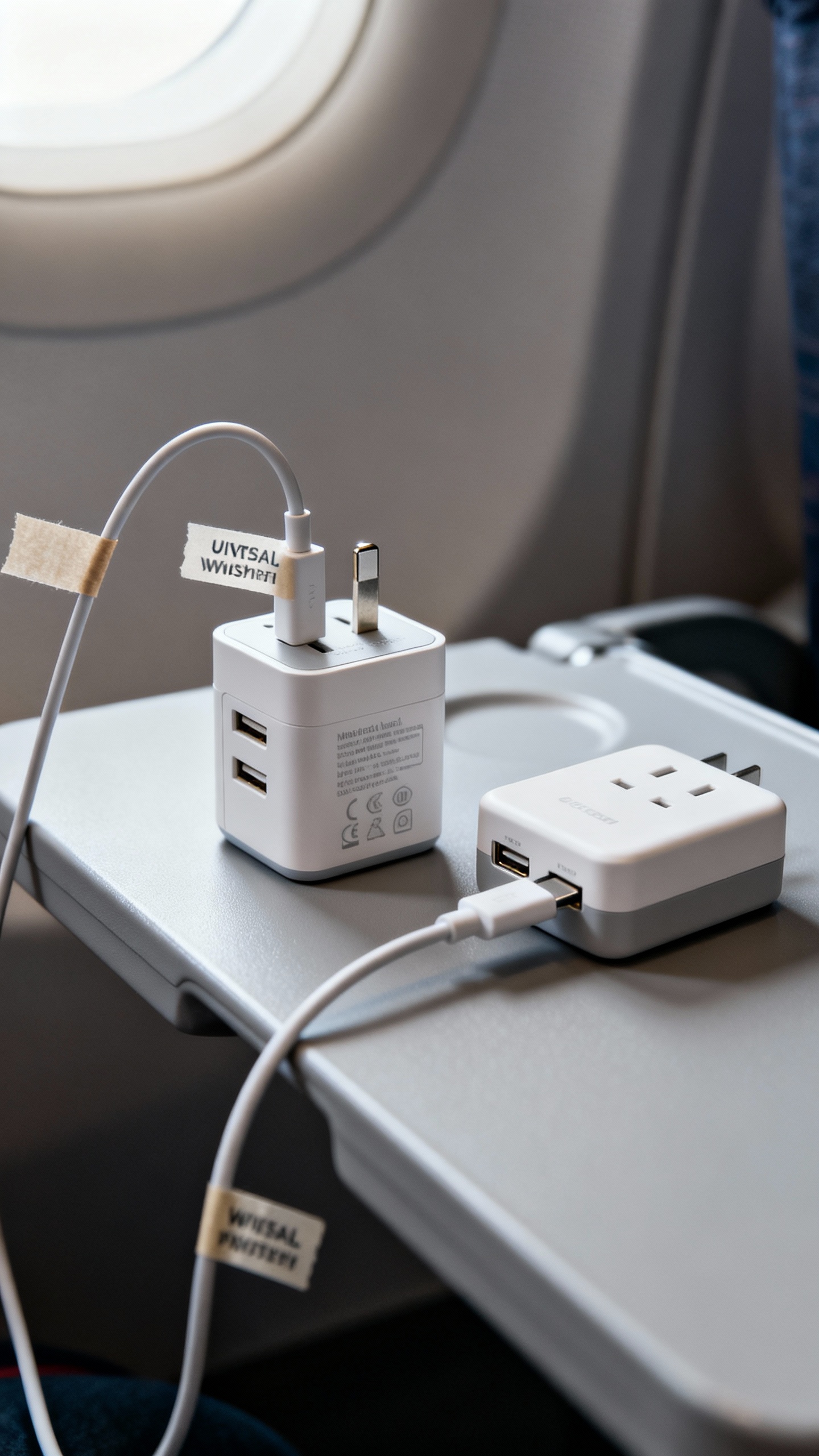 Closeup of universal adapter and travel power strip with USB-C cables, labeled with washi tape, on a