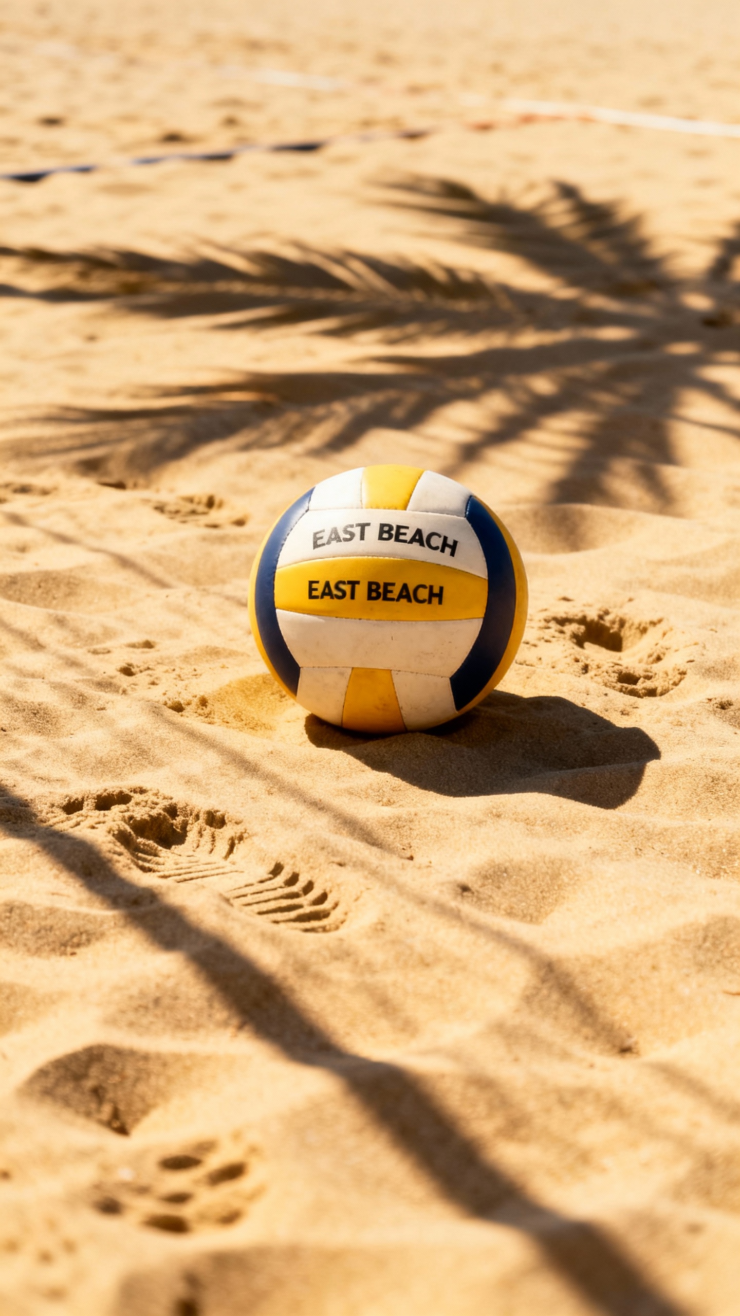 Closeup of volleyball in sandy East Beach court, palm shadows, footprints