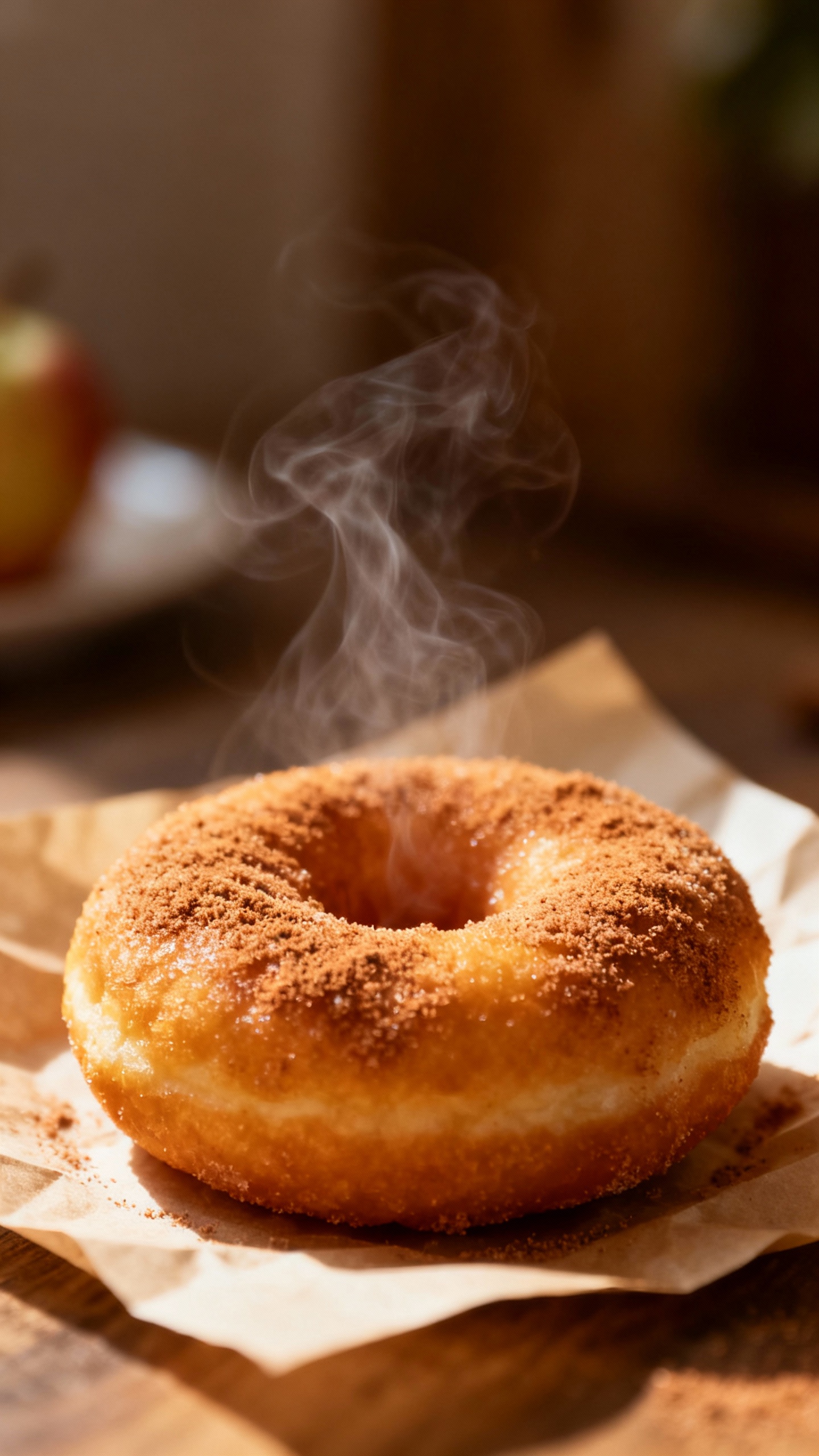 Closeup of warm cider doughnut in parchment, cinnamon sugar, steam