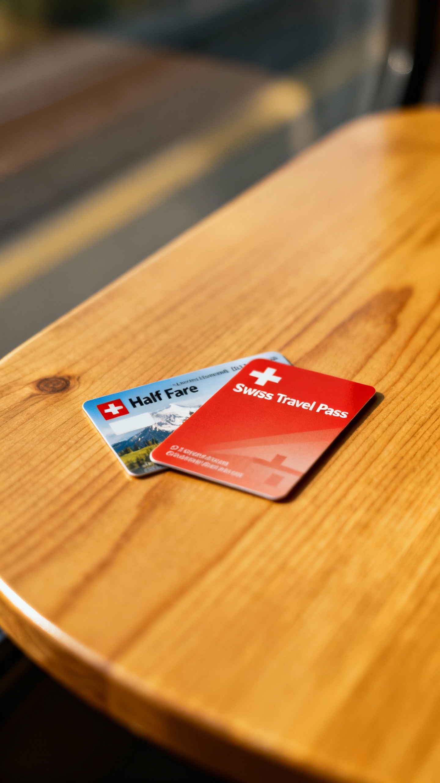 Closeup Swiss Travel Pass and Half Fare Card on wooden table