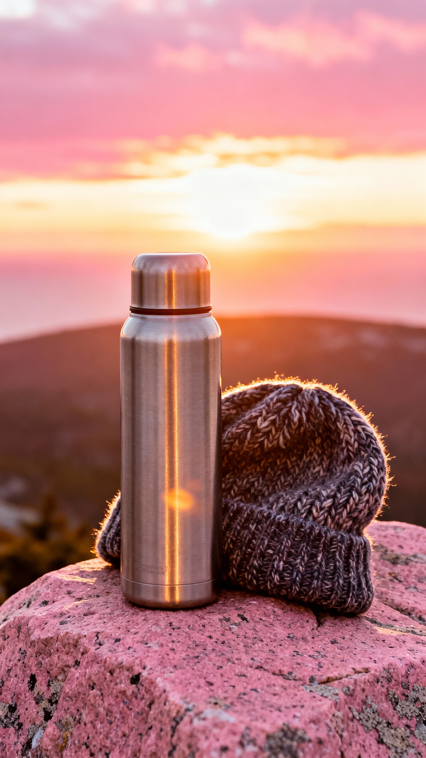Closeup thermos and knit hat on pink granite at Cadillac sunrise