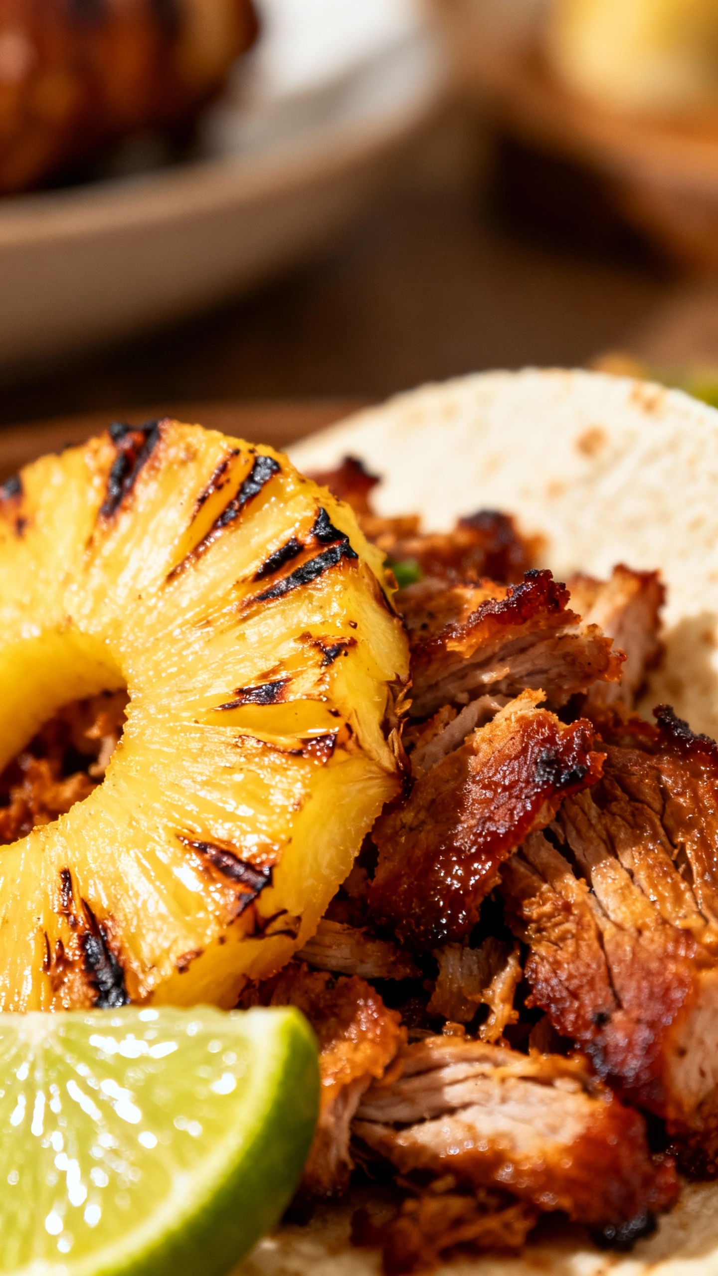 Closeup trompo al pastor, caramelized pork, pineapple slice, lime