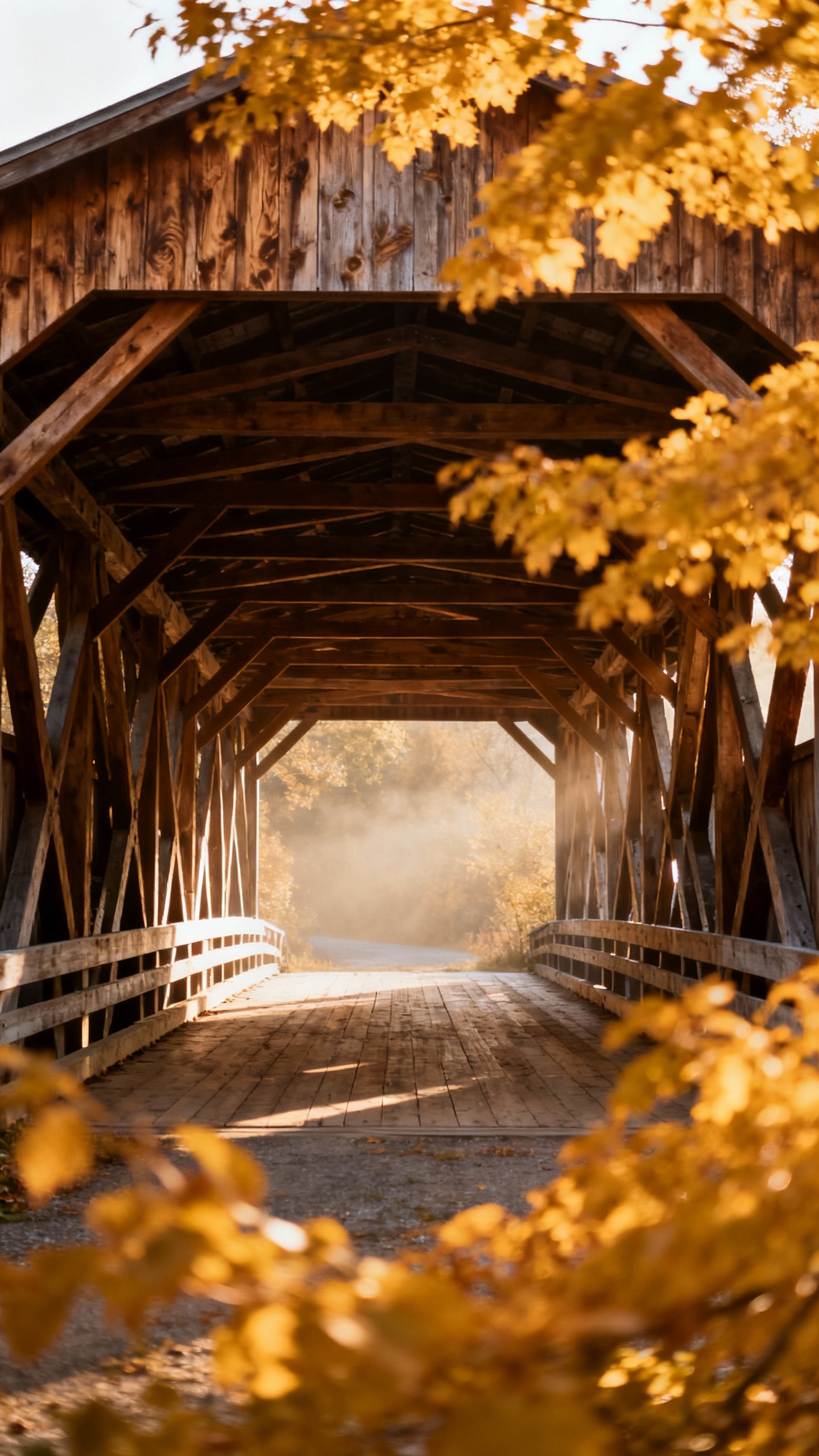 Covered bridge interior, wooden trusses and beams, golden foliage framed, soft morning light