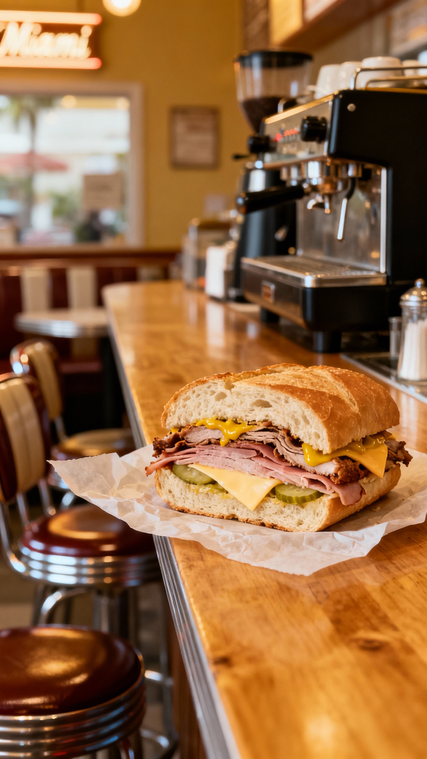 Cuban sandwich cross-section on wax paper, Miami cafe counter