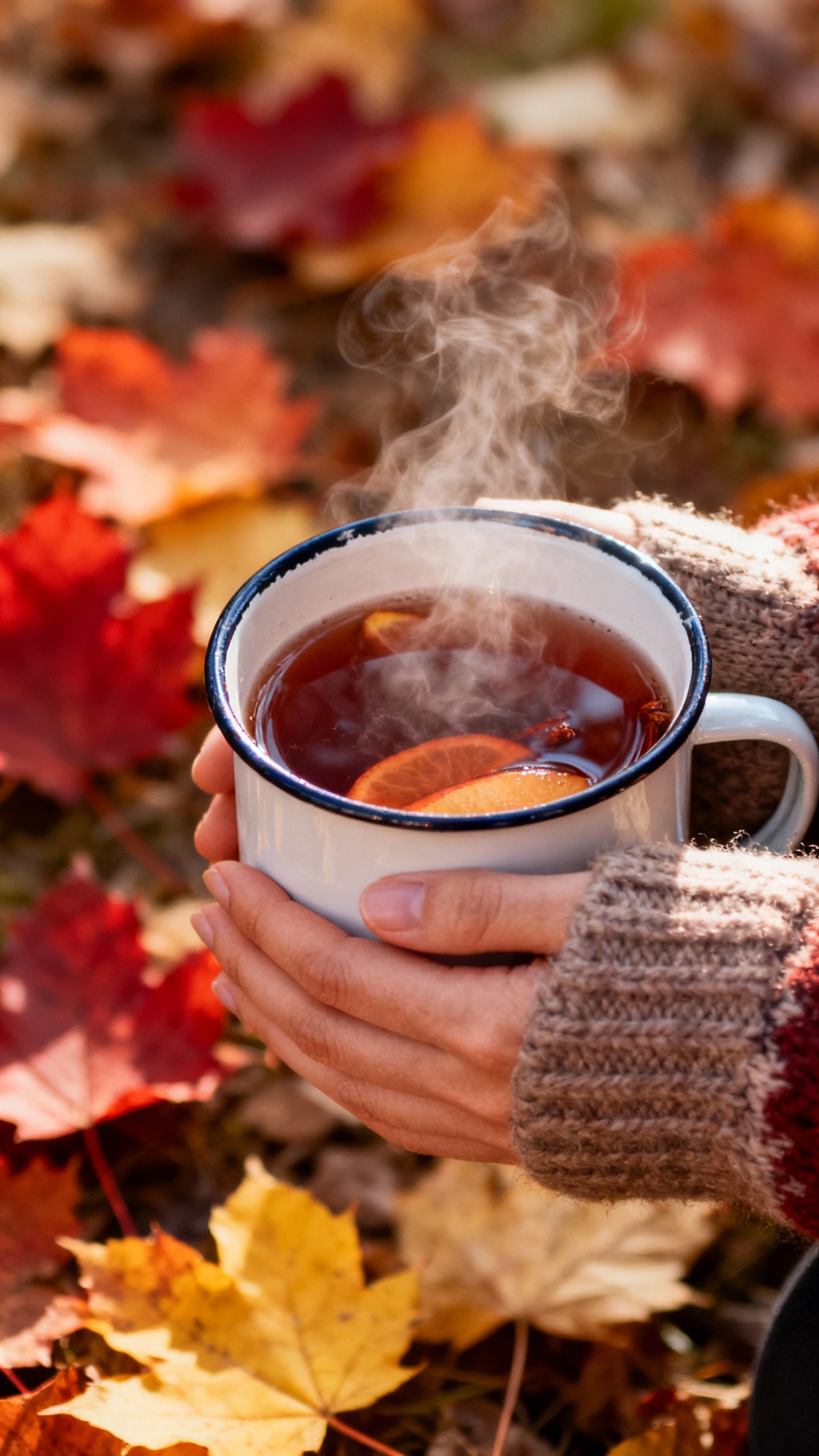 Female hand holding mulled cider in enamel mug, wool gloves, autumn leaves background