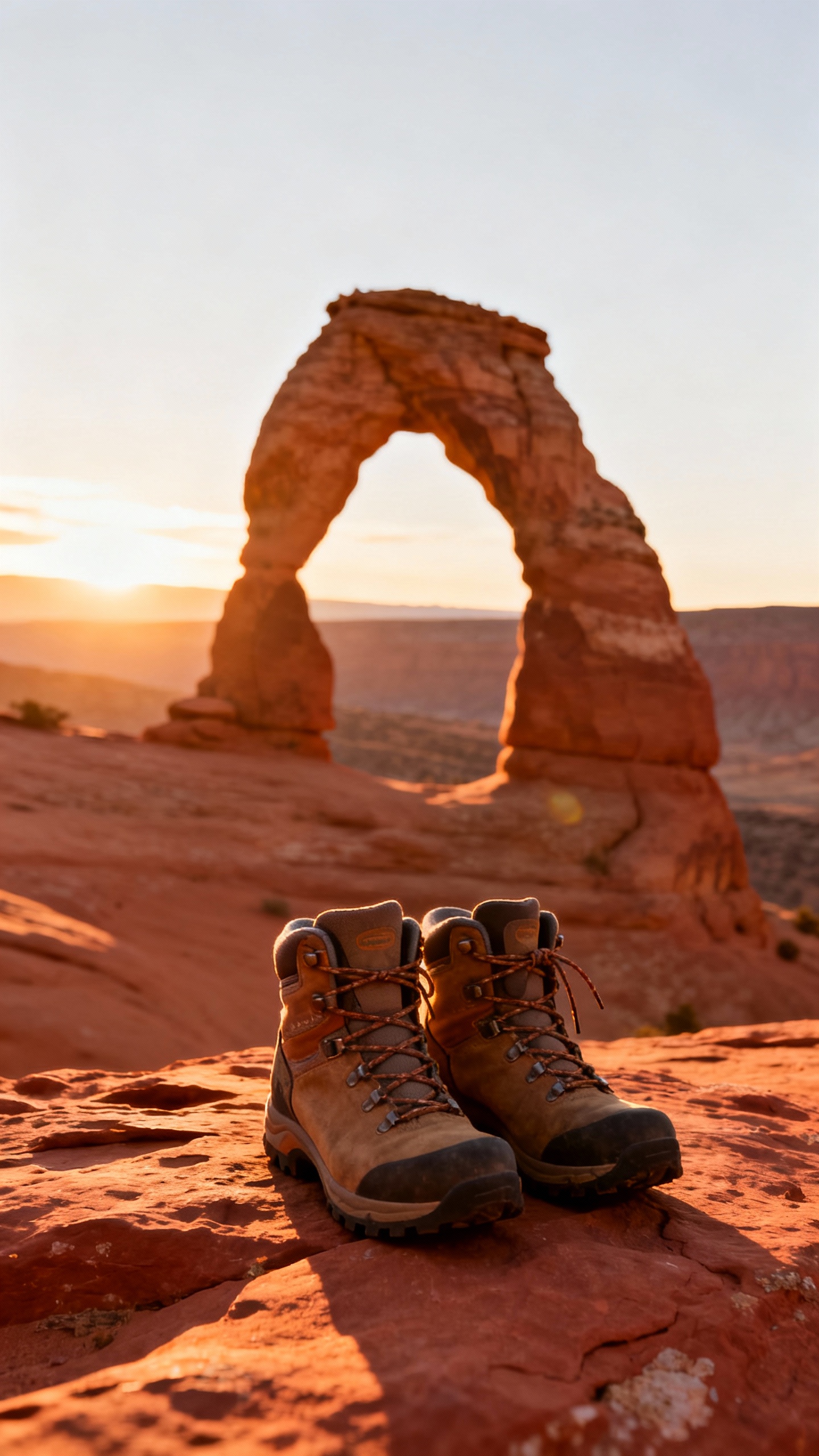Female hiker’s boots on red sandstone, Delicate Arch sunset glow