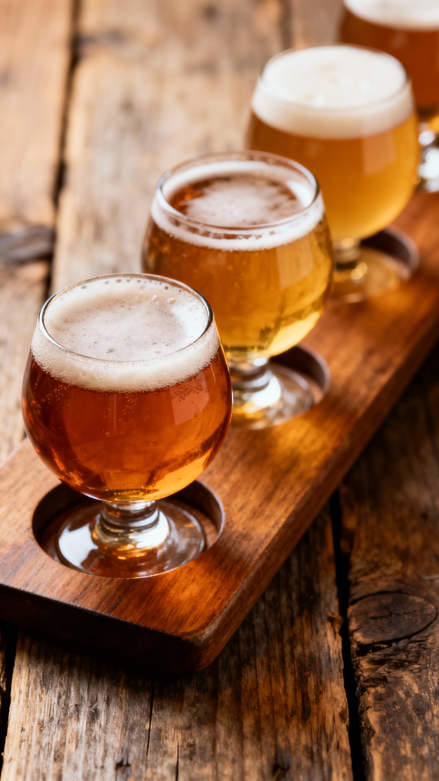 Flight of craft beers on rustic table, varied amber hues, frothy heads