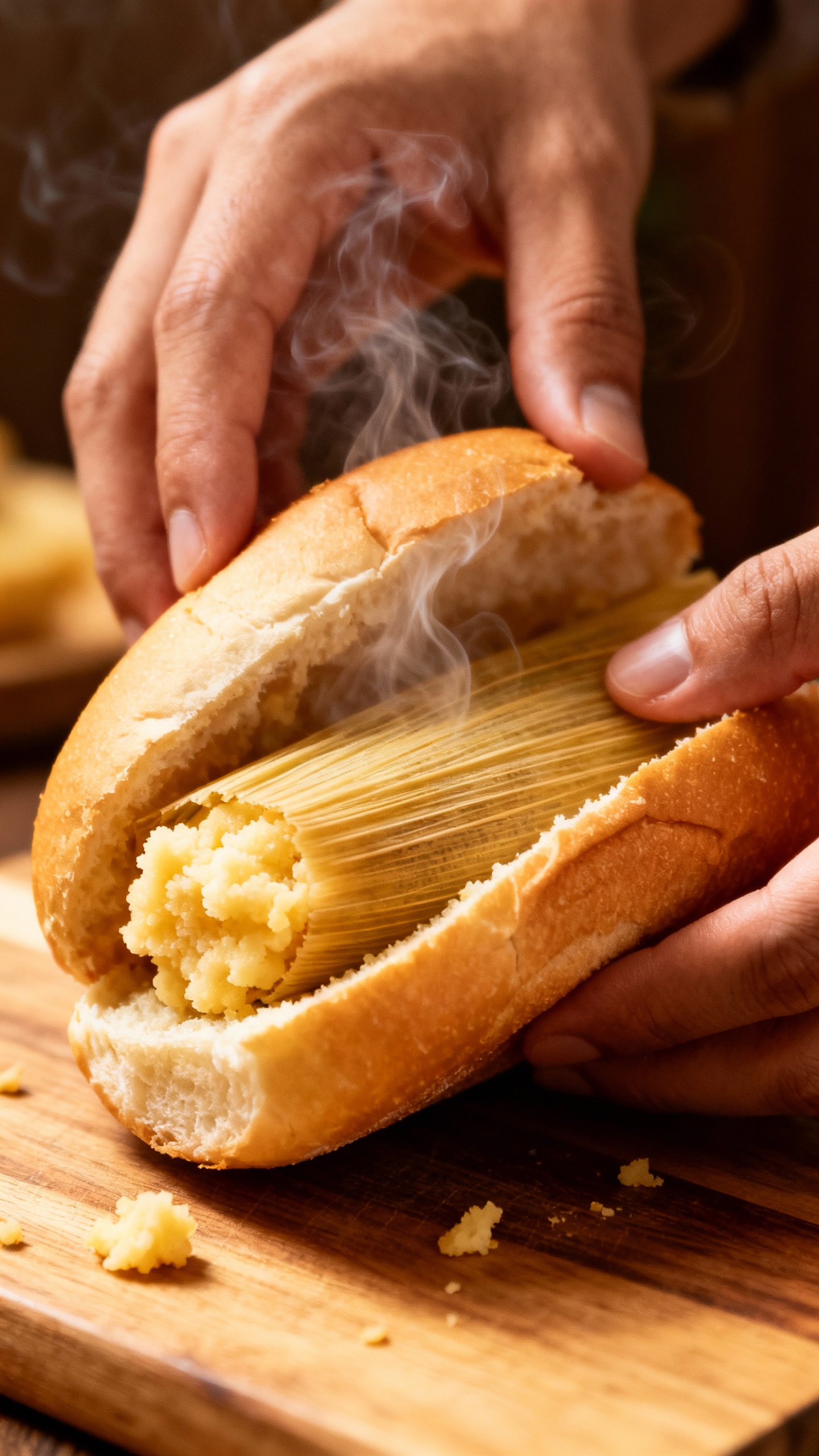 Hands assembling guajolota, tamal inside bolillo, steaming masa