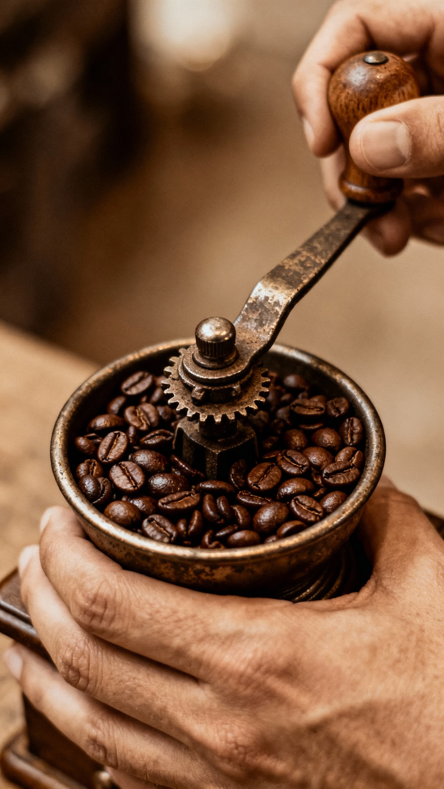 Hands grinding Huehuetenango coffee beans, vintage hand grinder