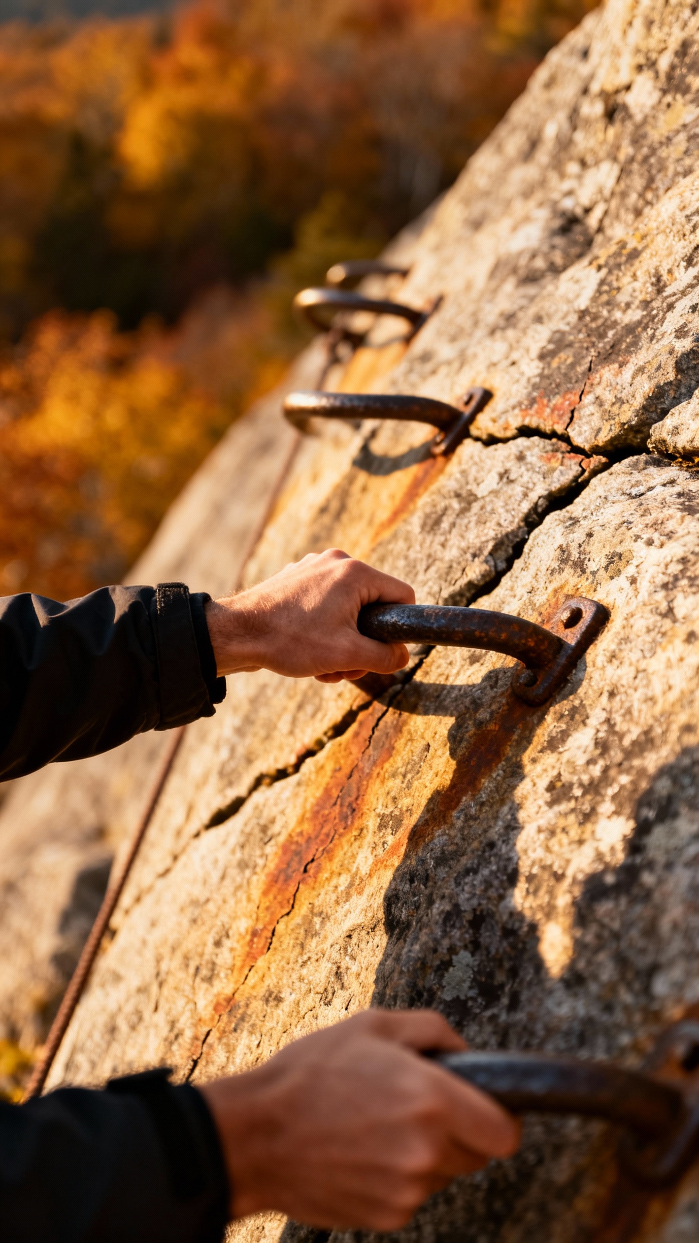 Hands gripping iron rungs on Beehive cliff, textured granite, autumn light