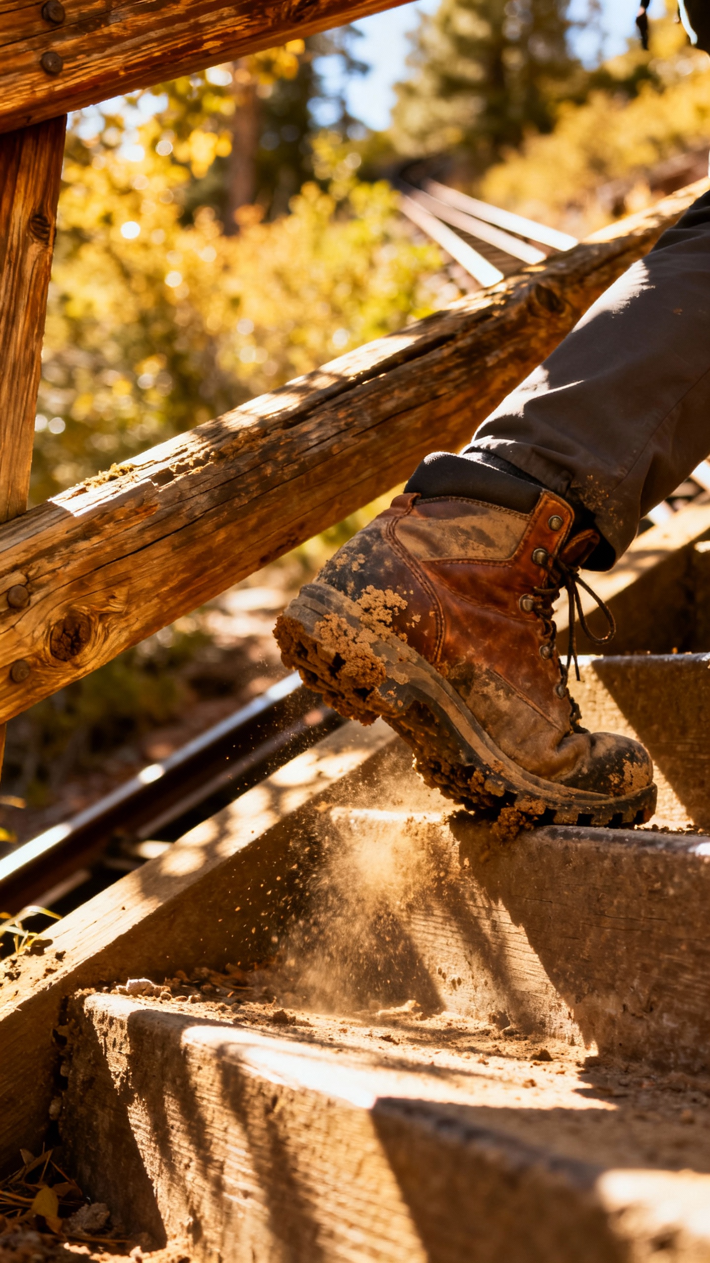 Hands gripping wooden rail on steep Manitou Incline steps, dusty boots