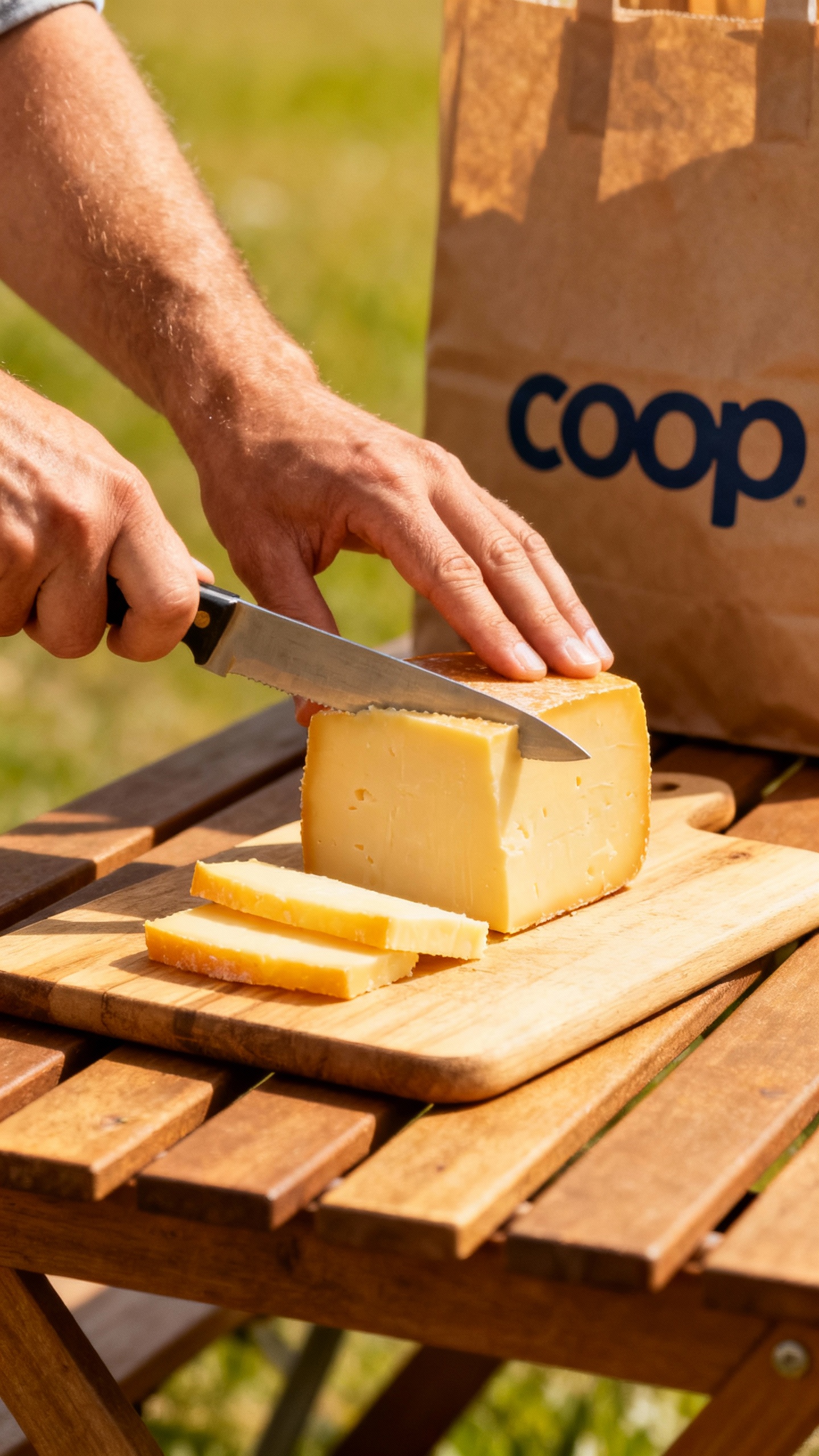Hands slicing Appenzell cheese for picnic, Coop groceries