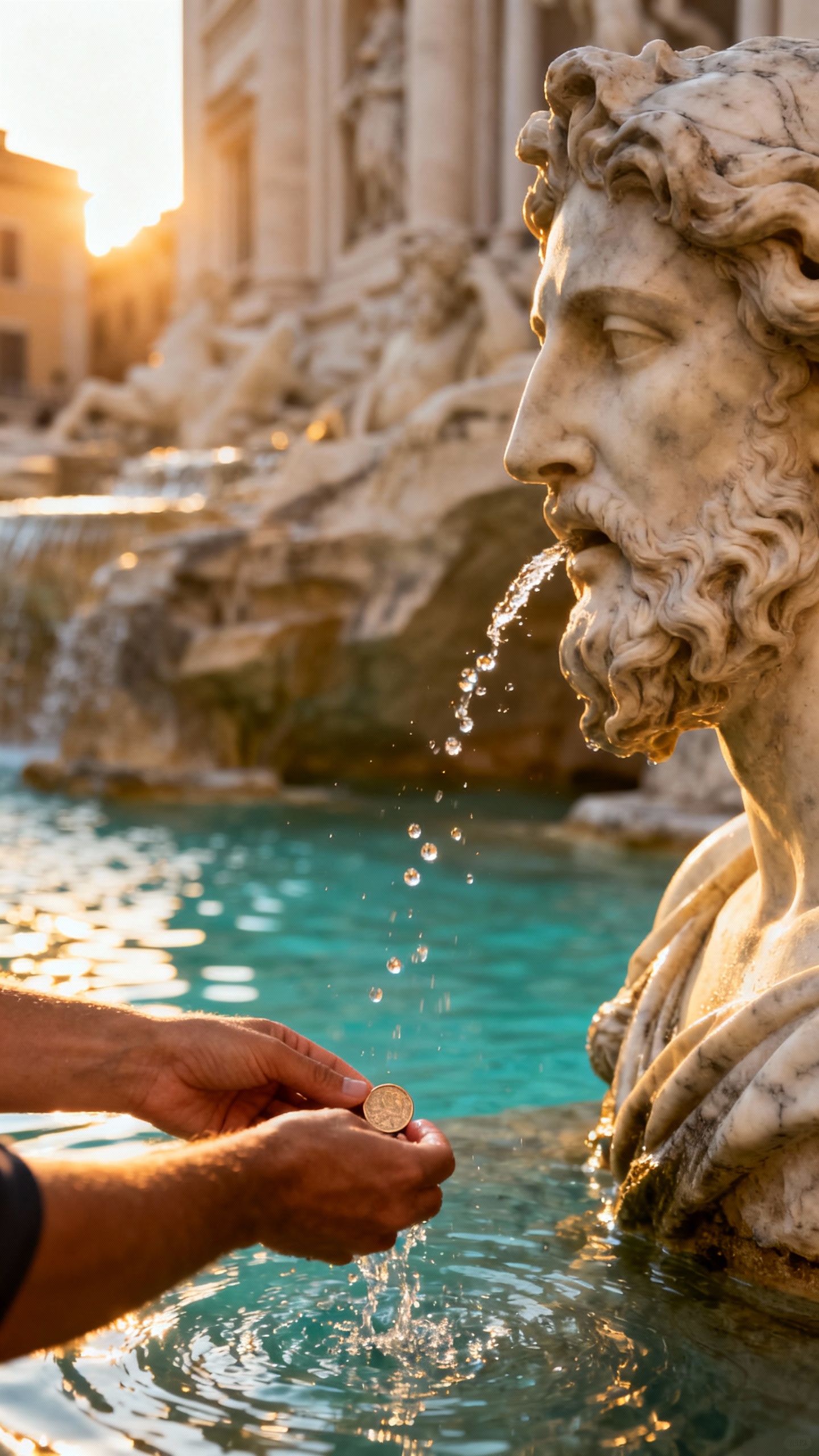 Hands tossing coin into Trevi Fountain, splashing turquoise water, marble details, early morning lig