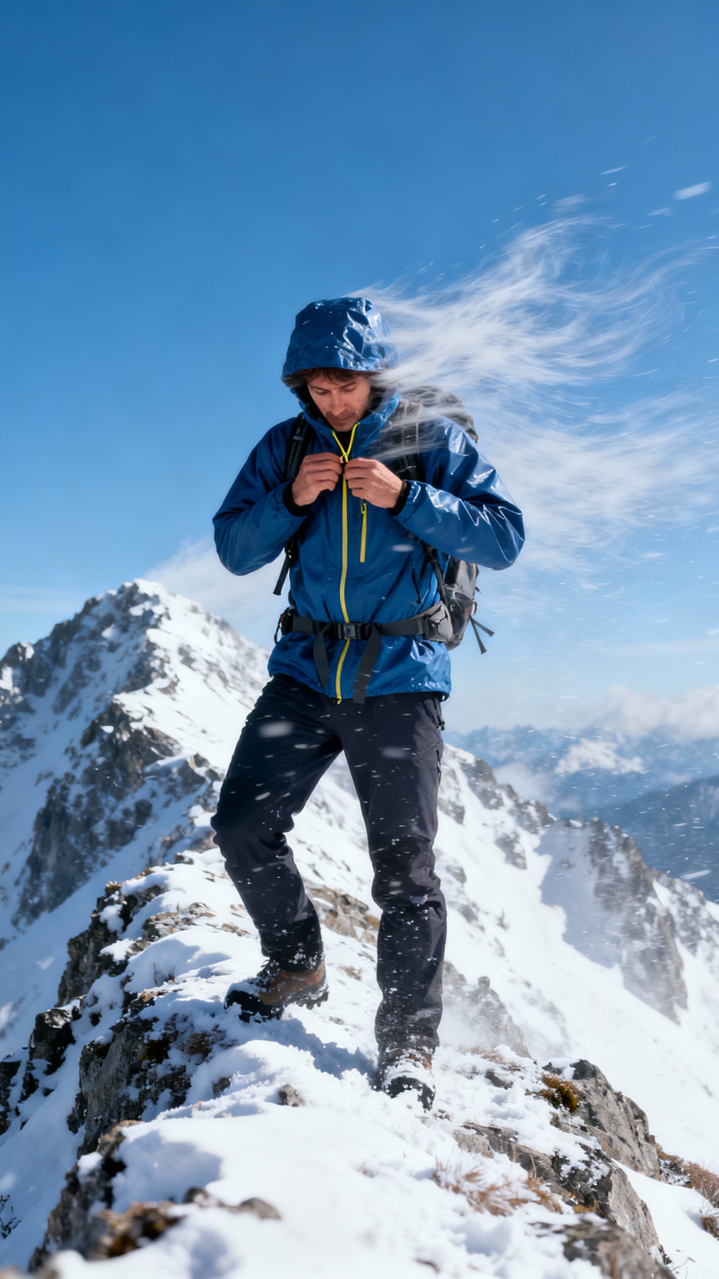 Hiker tightening waterproof shell in alpine wind, snow-dusted ridge
