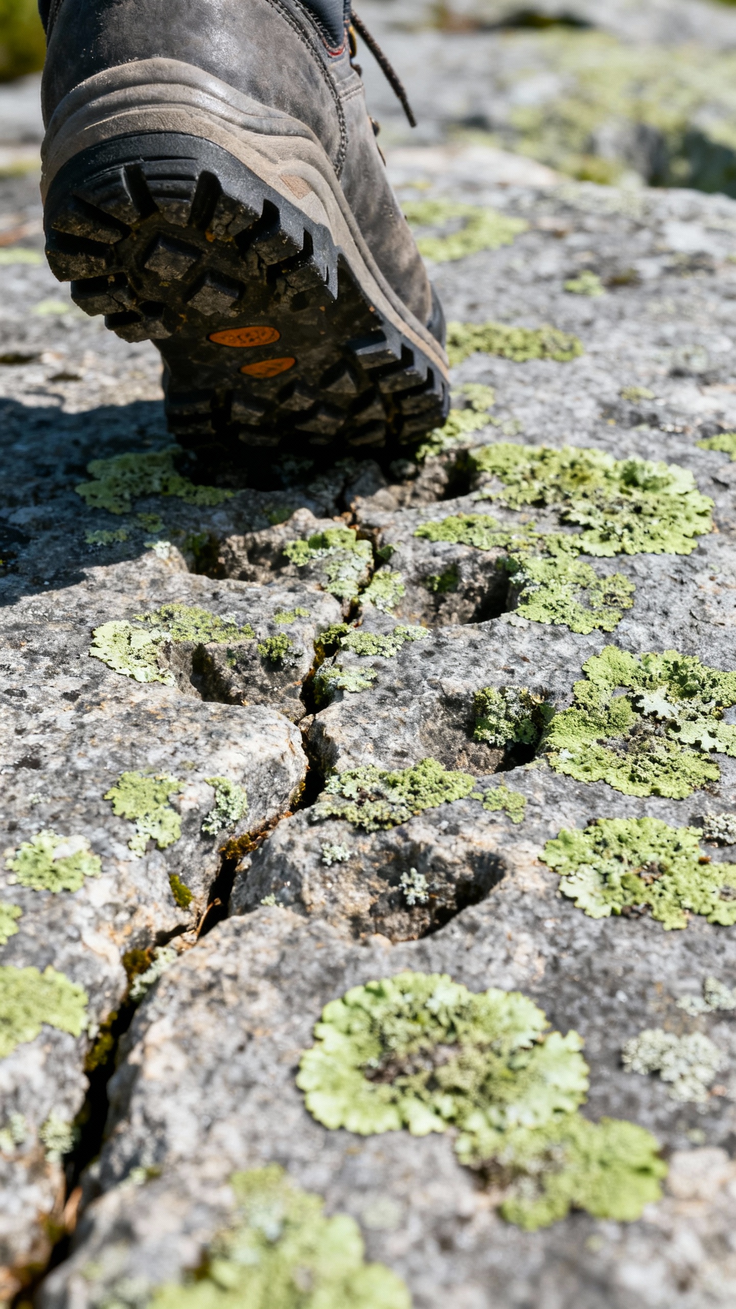 Hiking boot treads on Mount Mansfield granite, lichen textures