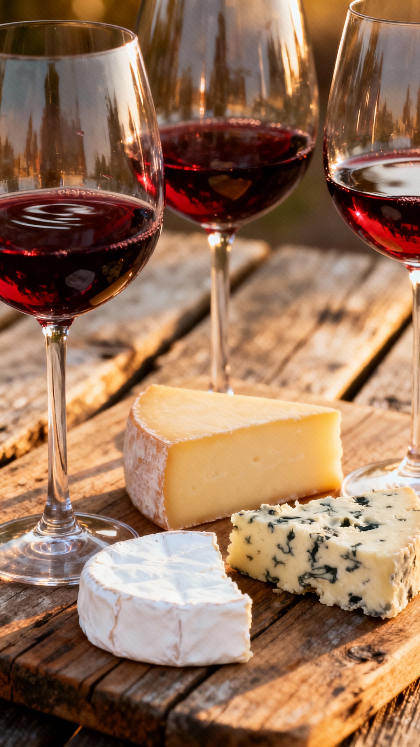 Macro shot of pinot noir flight with cheese pairings on rustic wood, afternoon light