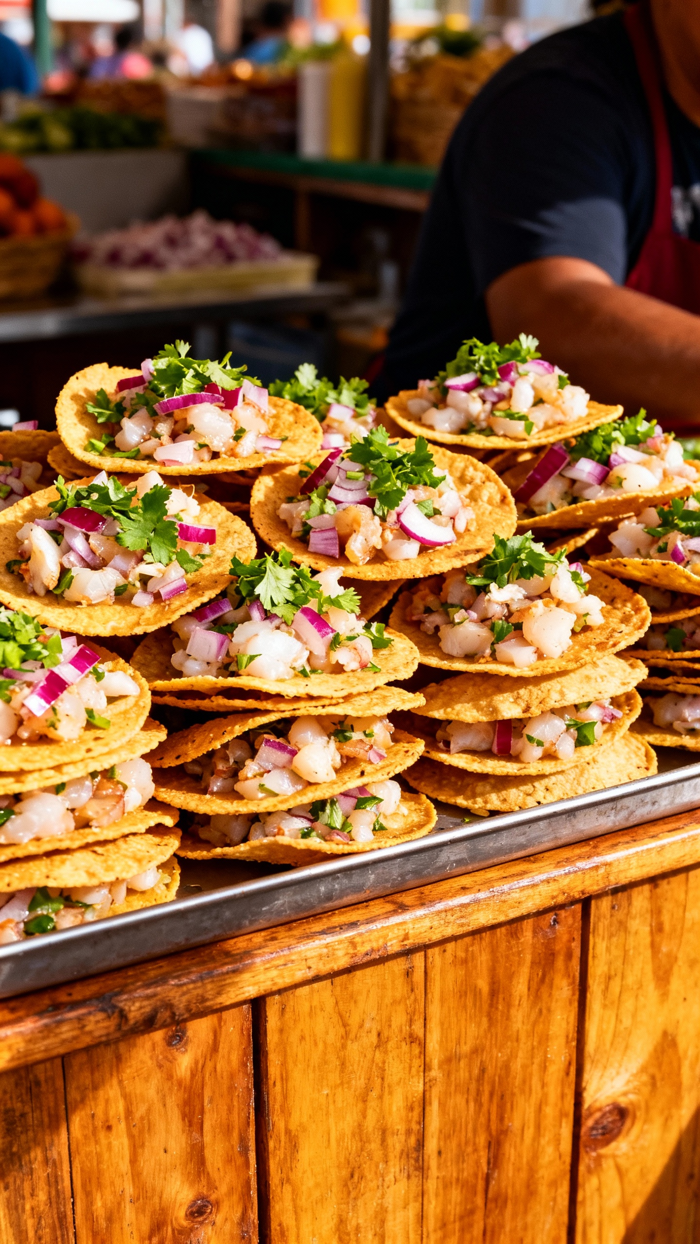 Market stall tostadas piled high with ceviche, cilantro, red onions