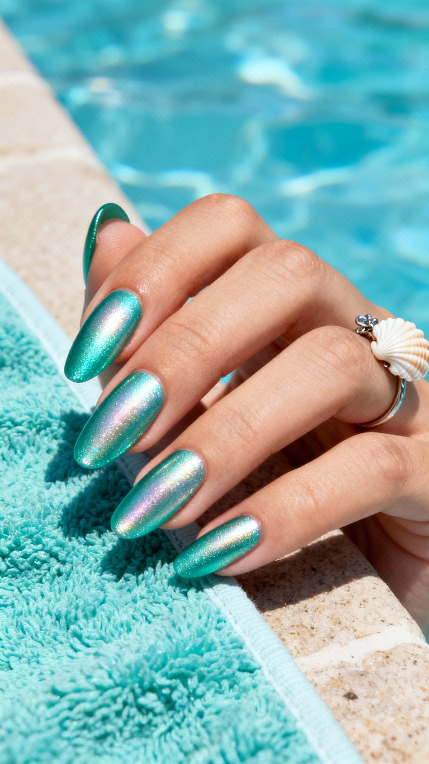 Medium almond nails with teal base pearl chrome, ring finger shell charm, poolside towel edge