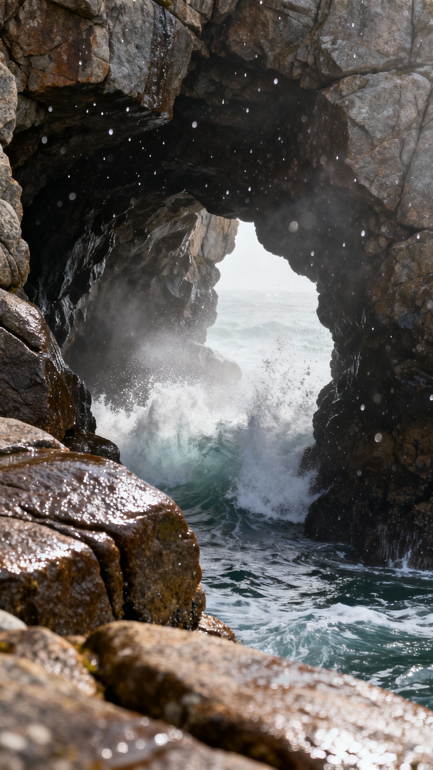 Mid-tide wave crashing into Thunder Hole, wet granite, sea spray