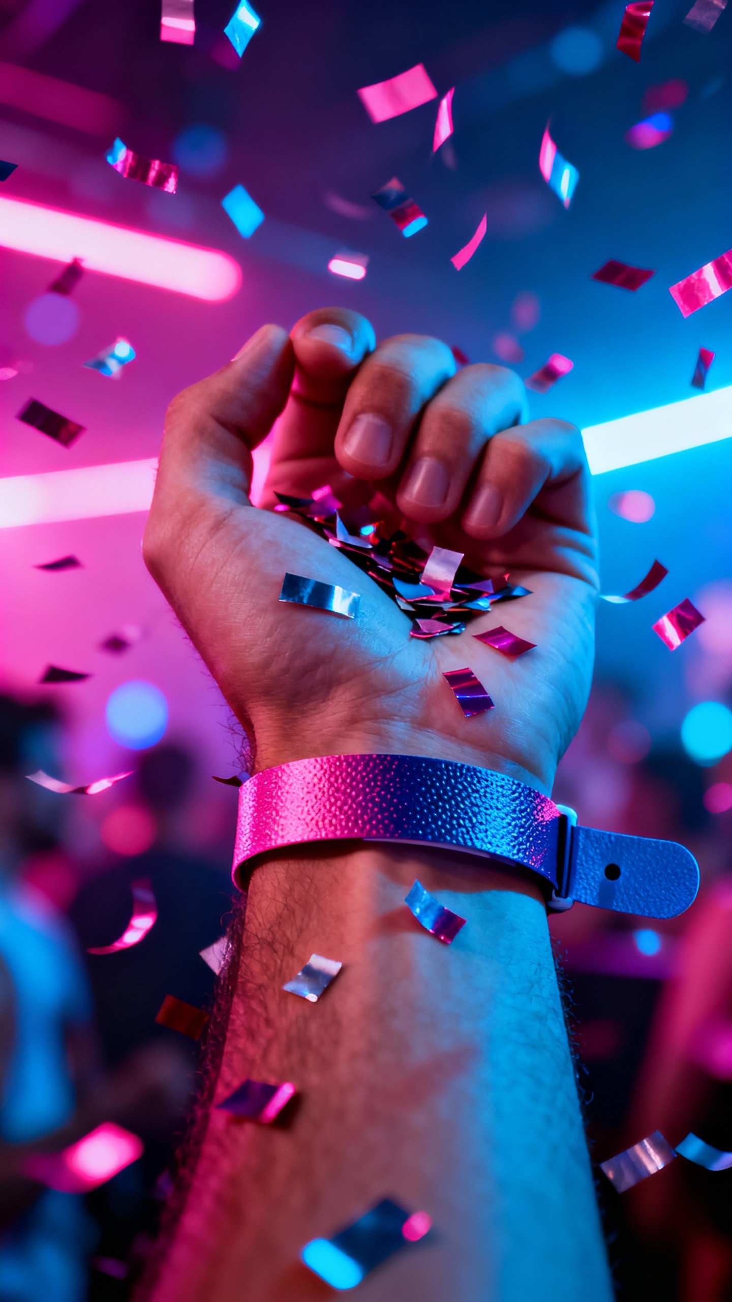 Nightclub scene closeup: male hand holding confetti-covered open-bar wristband