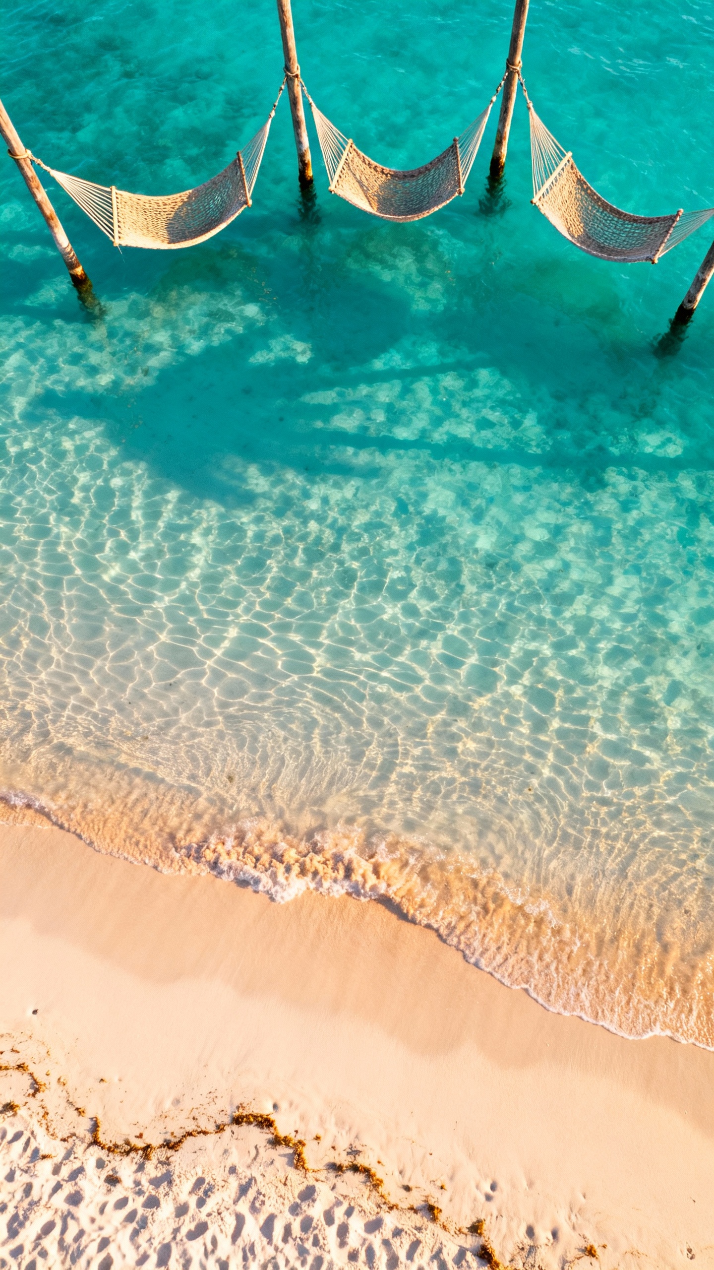 Overhead of hammocks above turquoise water, powder-soft sand, Holbox shore