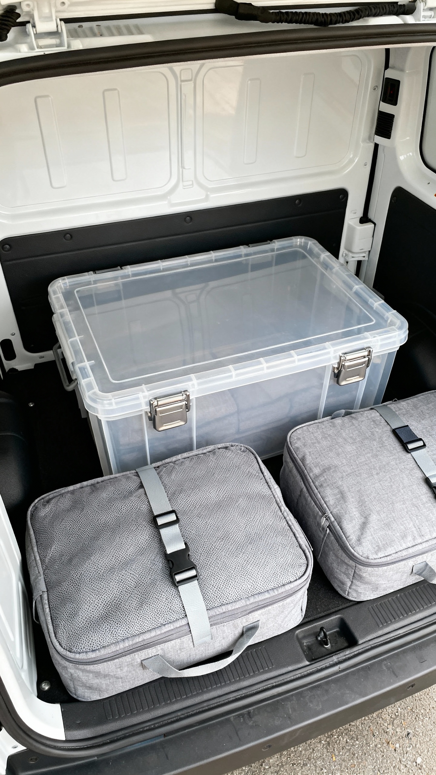 Overhead shot of clear latching bins labeled by contents, packing cubes, Velcro straps inside van