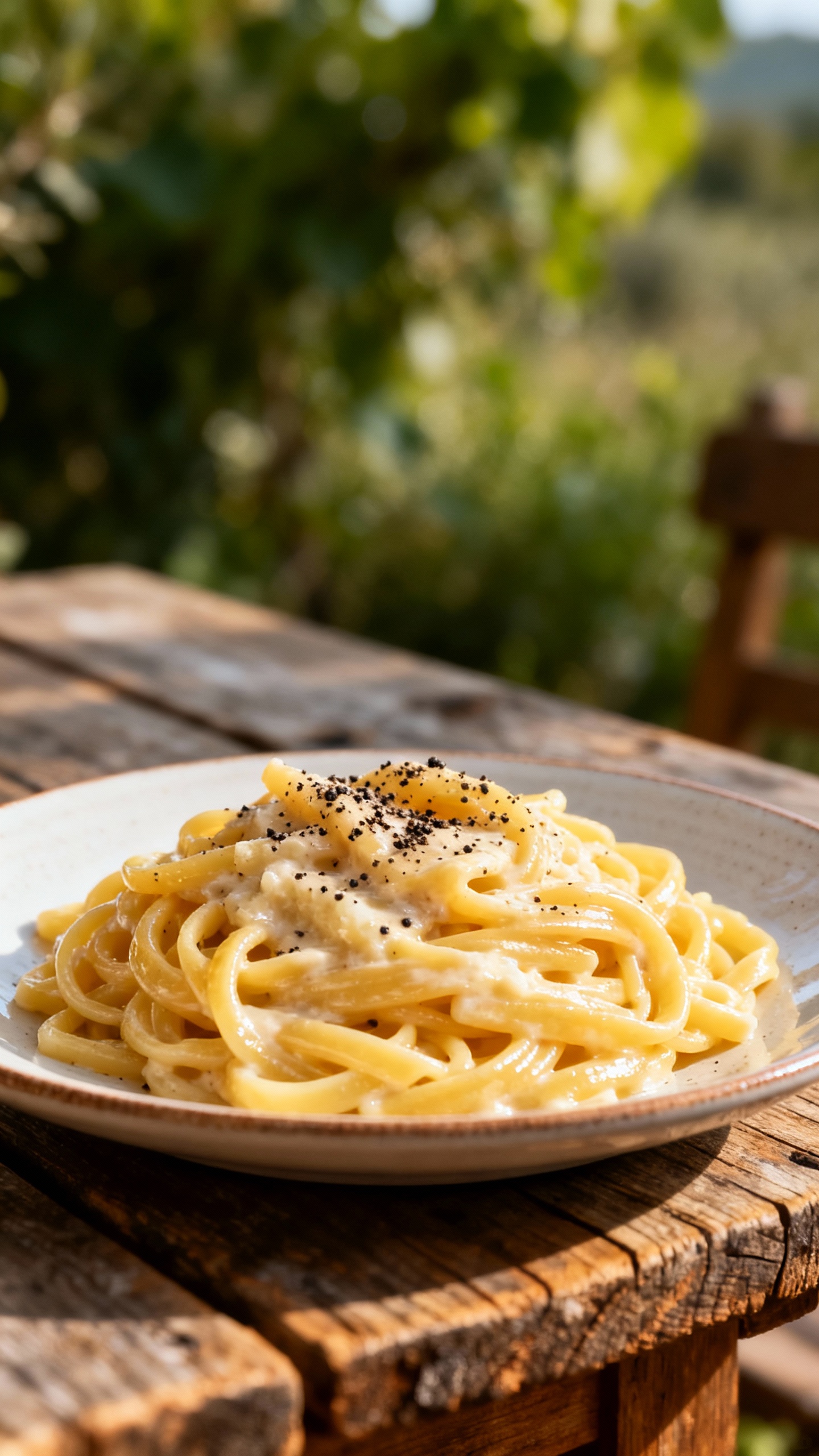 Plate of cacio e pepe in Monti, glossy pecorino sauce, cracked black pepper, rustic outdoor table