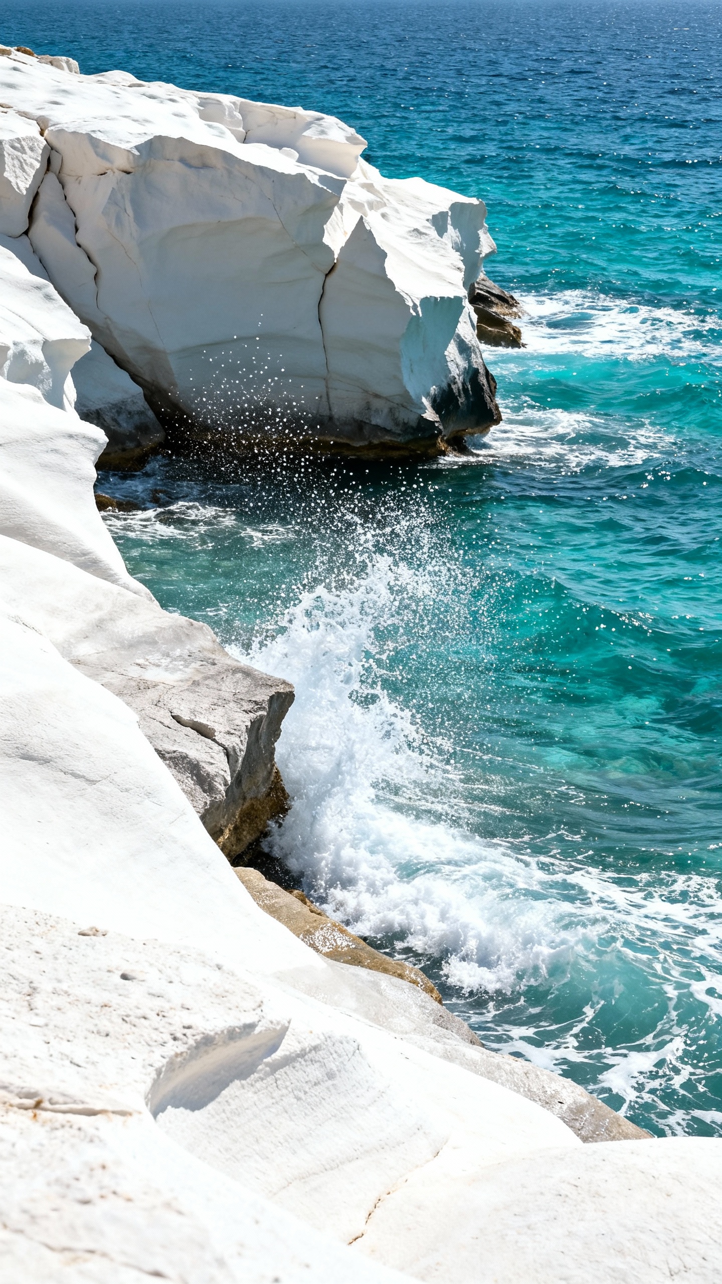Sarakiniko white lunar rocks, turquoise Aegean waves splashing