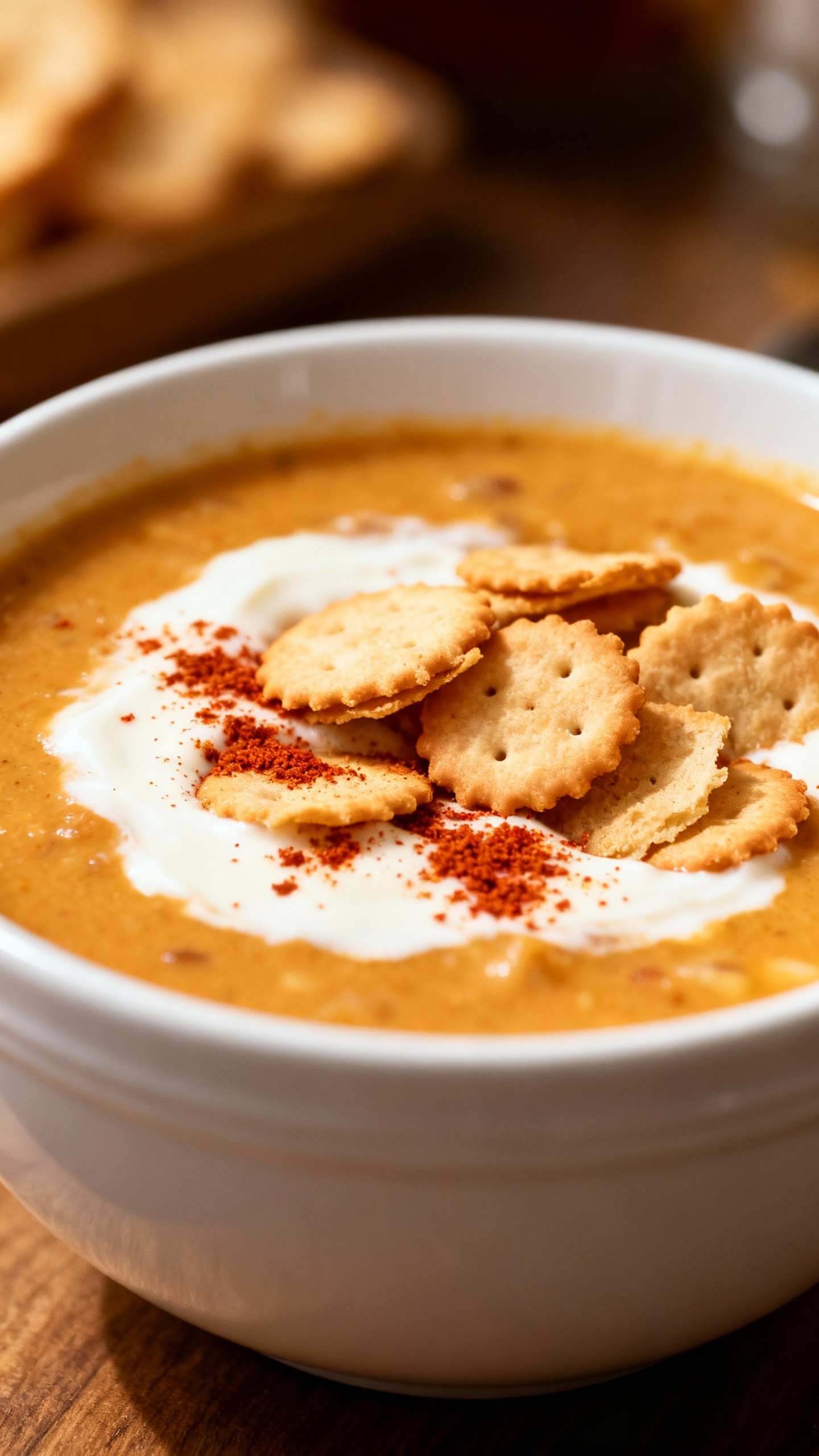 She-crab soup closeup in white bowl, paprika, oyster crackers