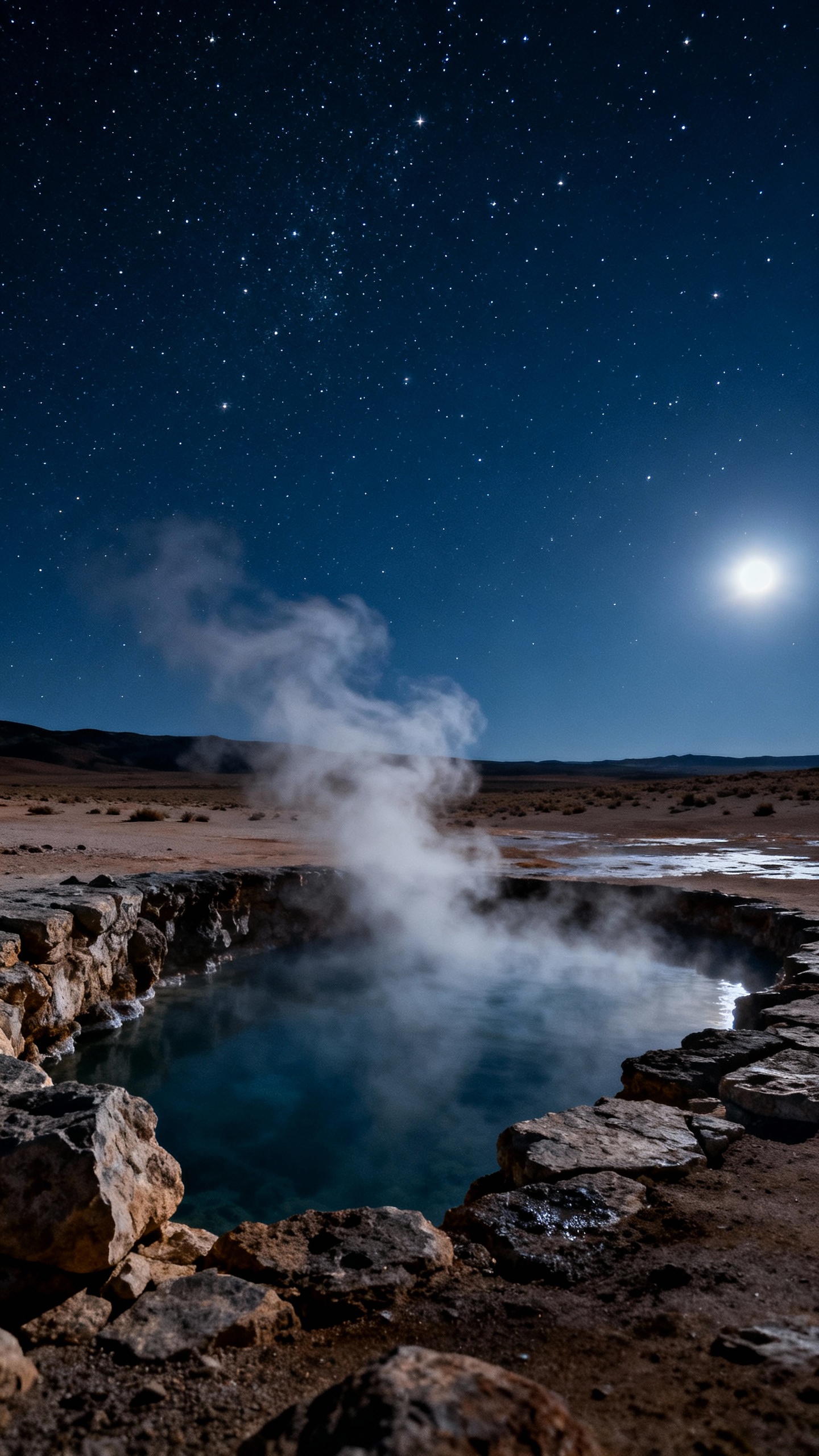 Star-filled Big Bend night sky over steaming hot spring, rocky desert edge