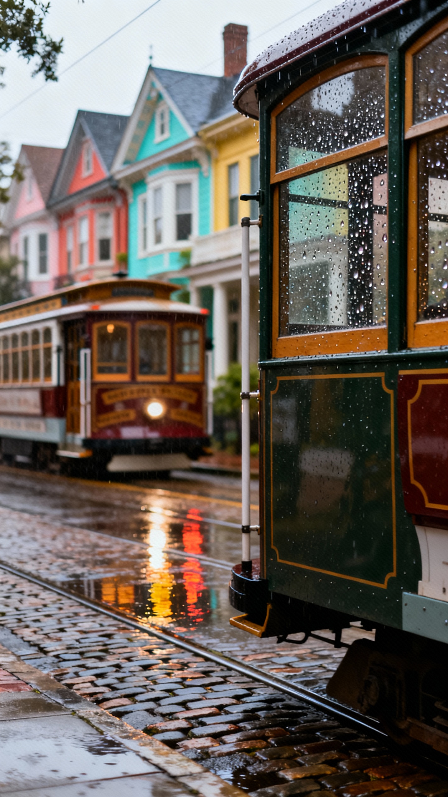 Streetcar passing colorful houses in Garden District, rainy cobblestones