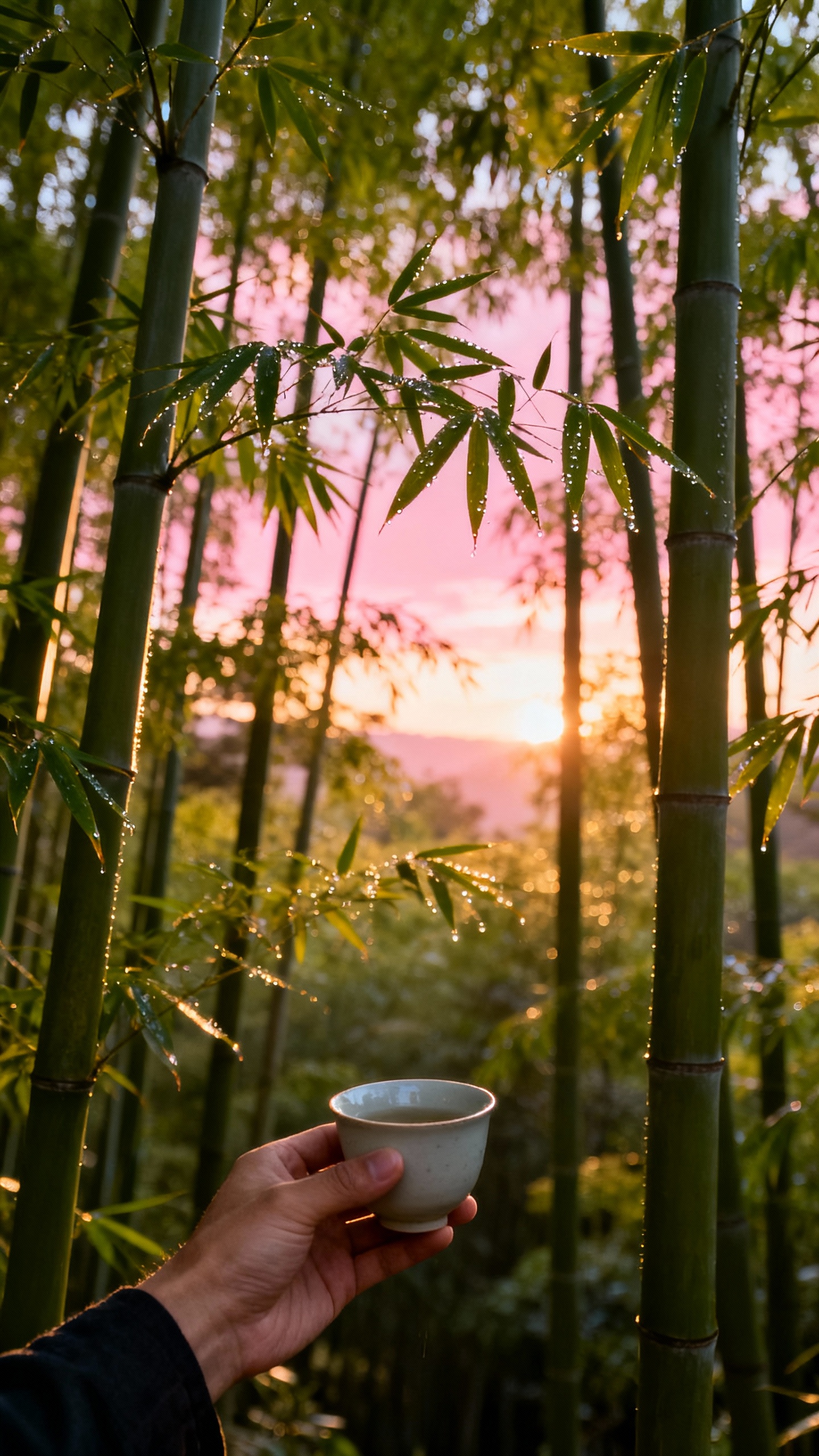 Sunrise Arashiyama bamboo grove, male hand holding tea cup