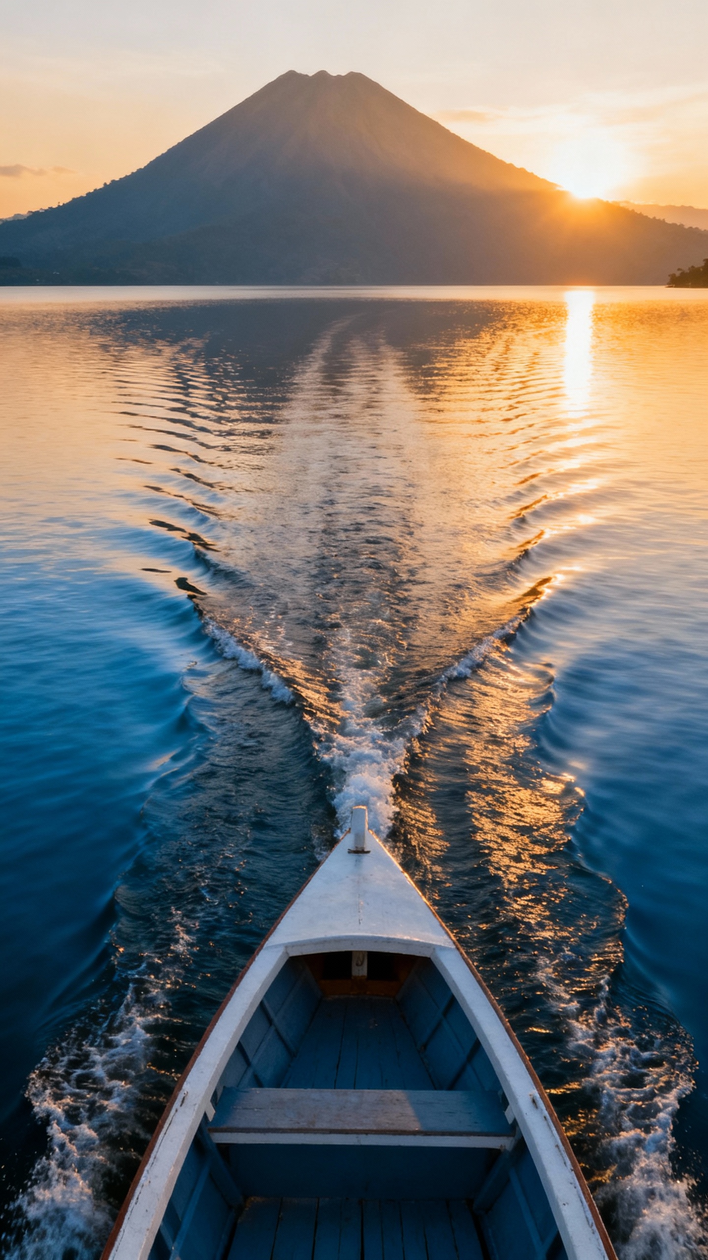 Sunrise lancha prow cutting sapphire Lake Atitlán, ripples