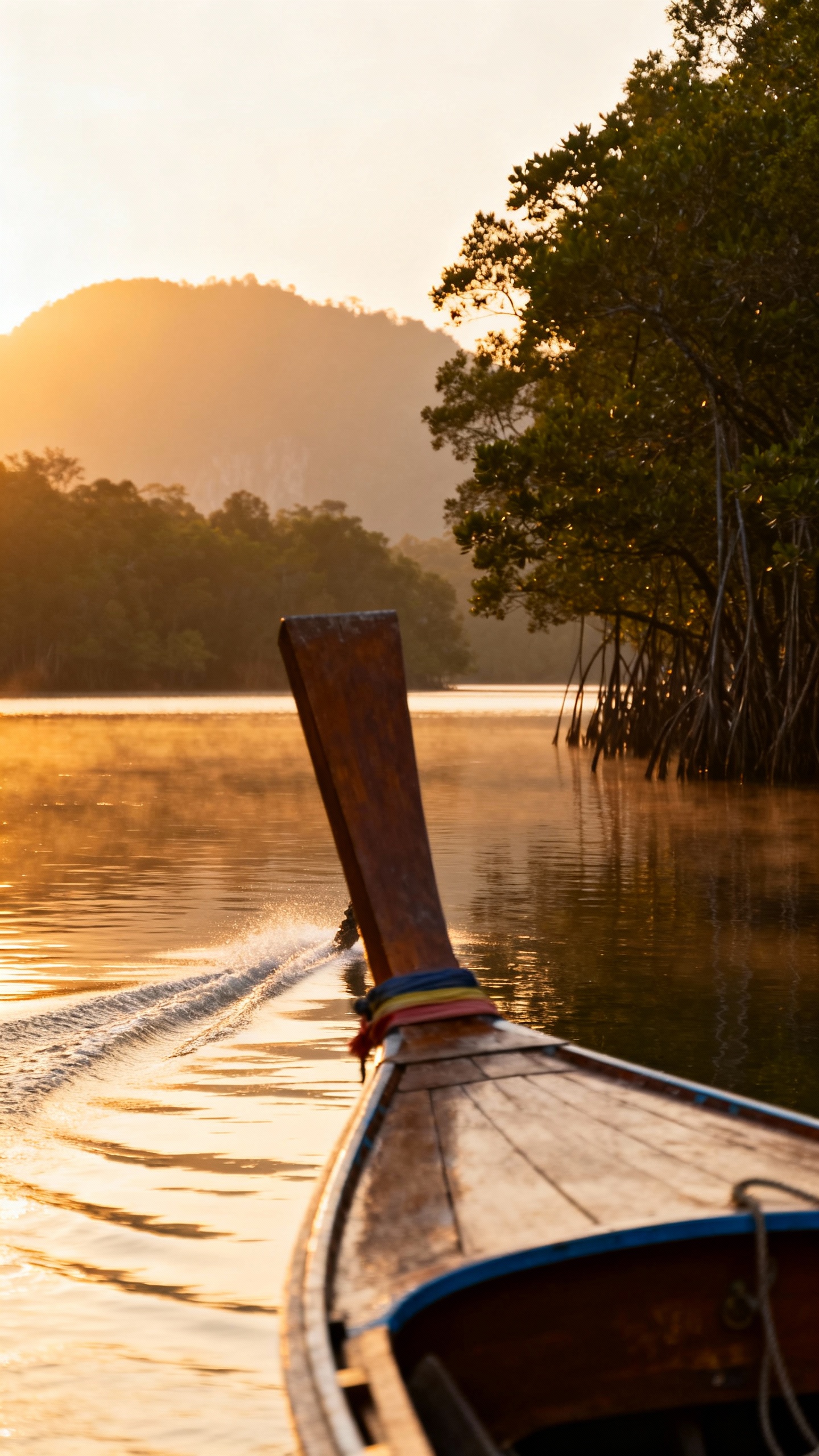Sunrise longtail boat prow slicing calm lagoon, Koh Yao Noi mangroves