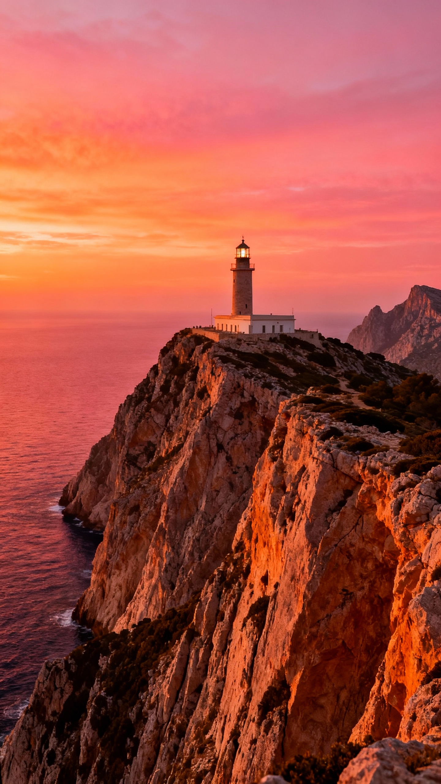 Sunset at Cap de Formentor, cliff edge, lighthouse, orange-pink sky