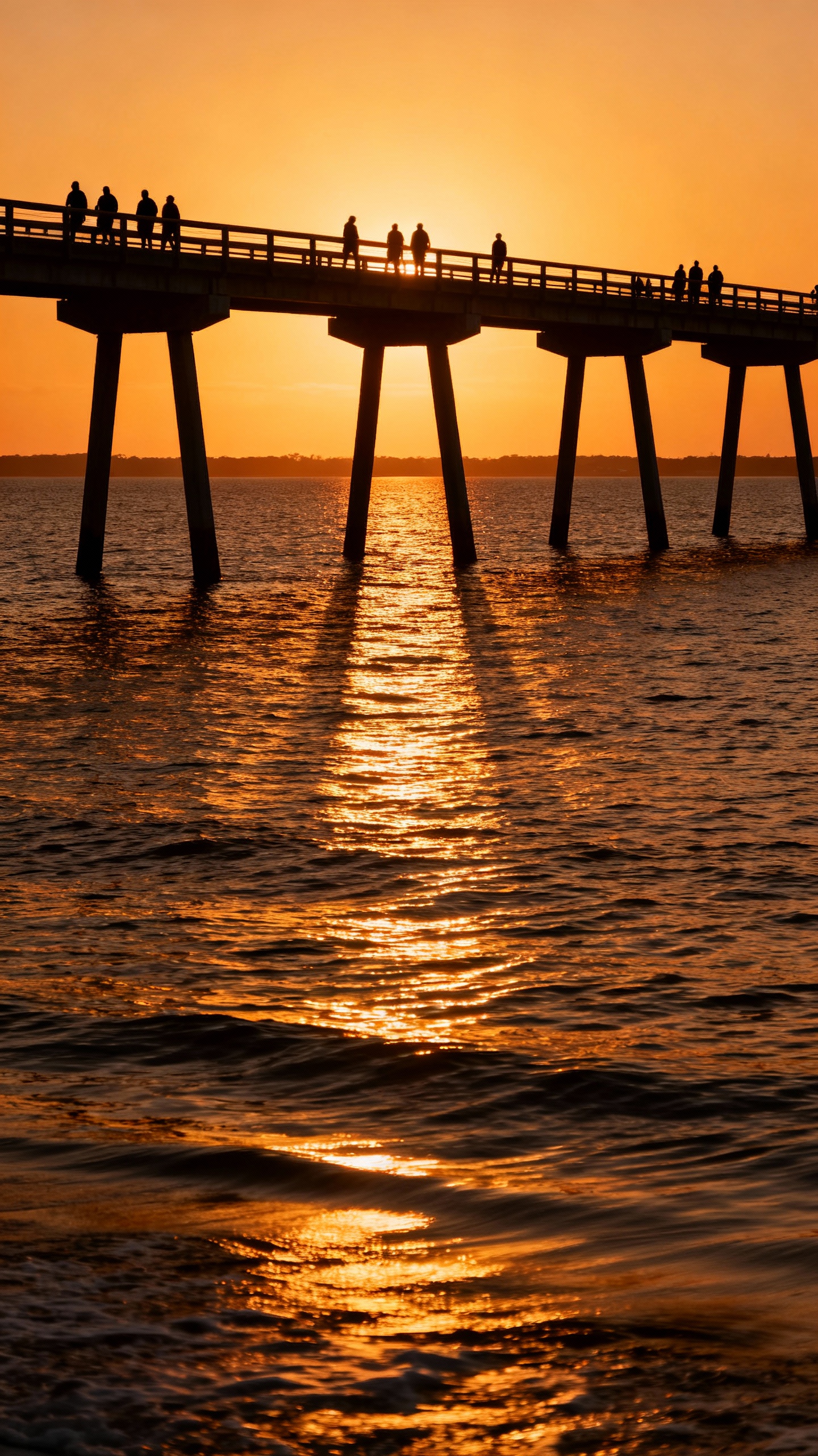 Sunset over Lesner Bridge, silhouetted pedestrians, golden bay ripples