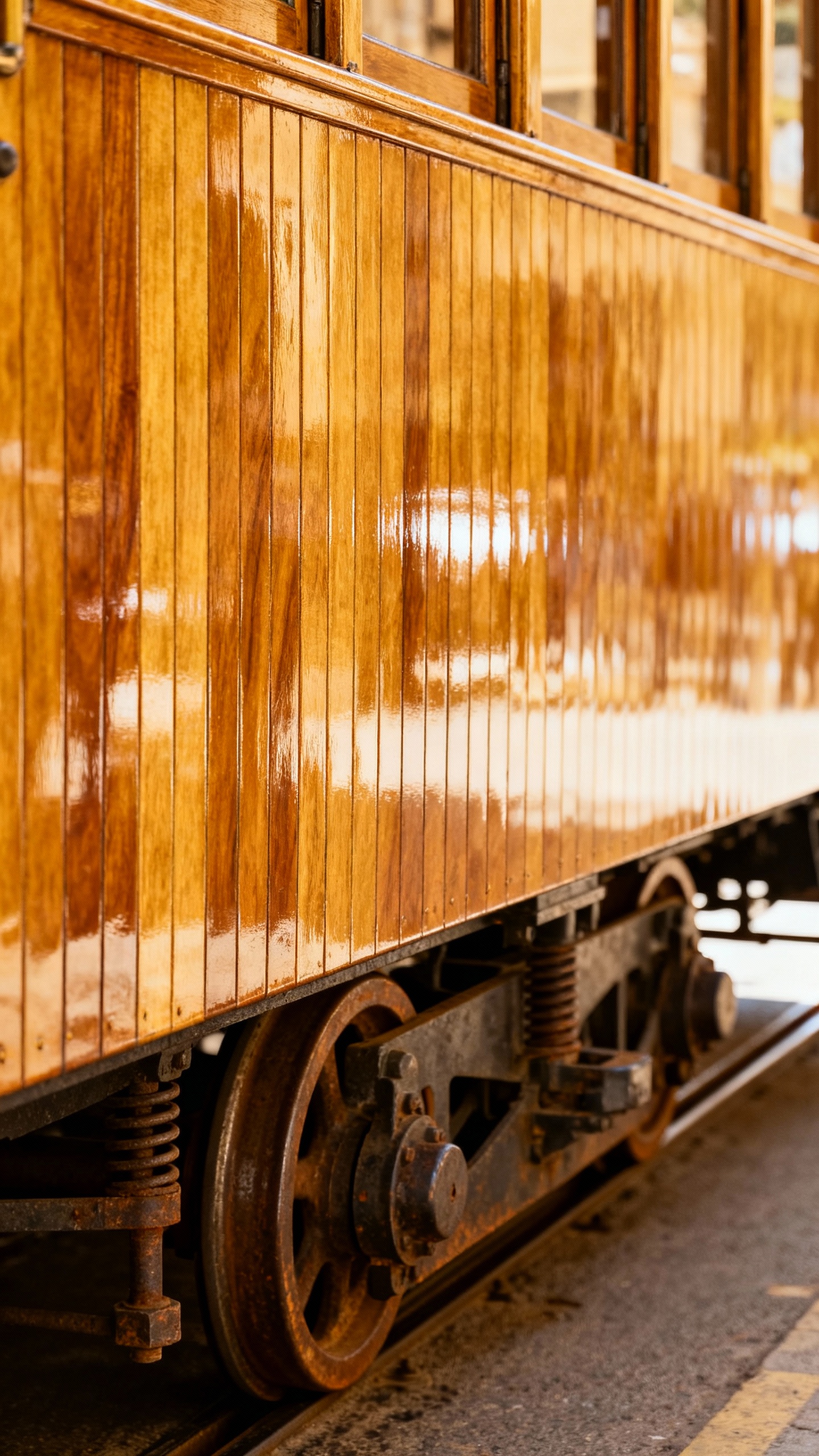 Vintage wooden tram in Sóller, closeup wheels and varnished wood