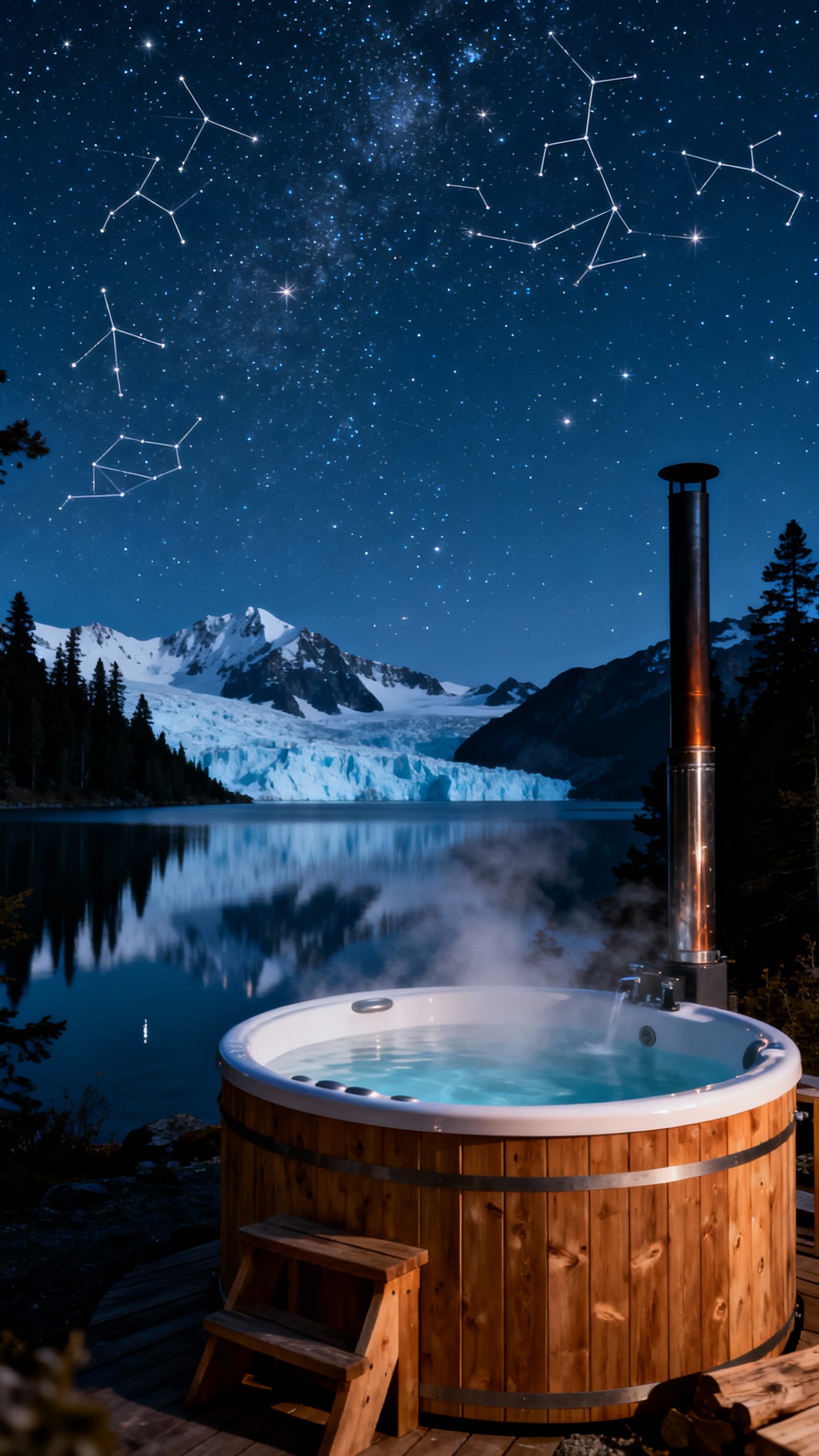 Wood-fired hot tub beside glacial lake, Patagonia star-drenched sky
