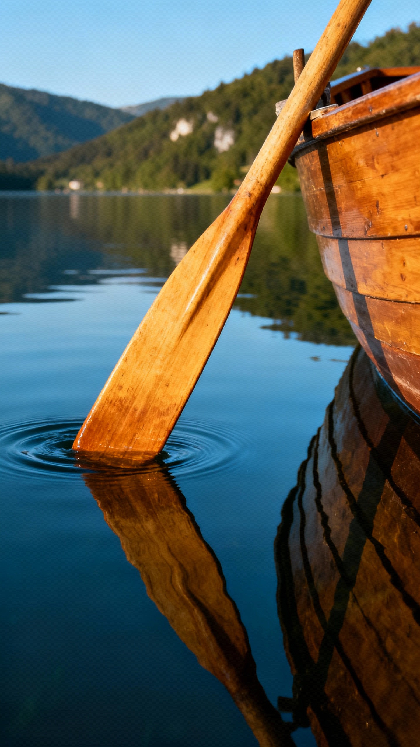 Wooden rowboat oar kissing mirror-still Lake Bled water